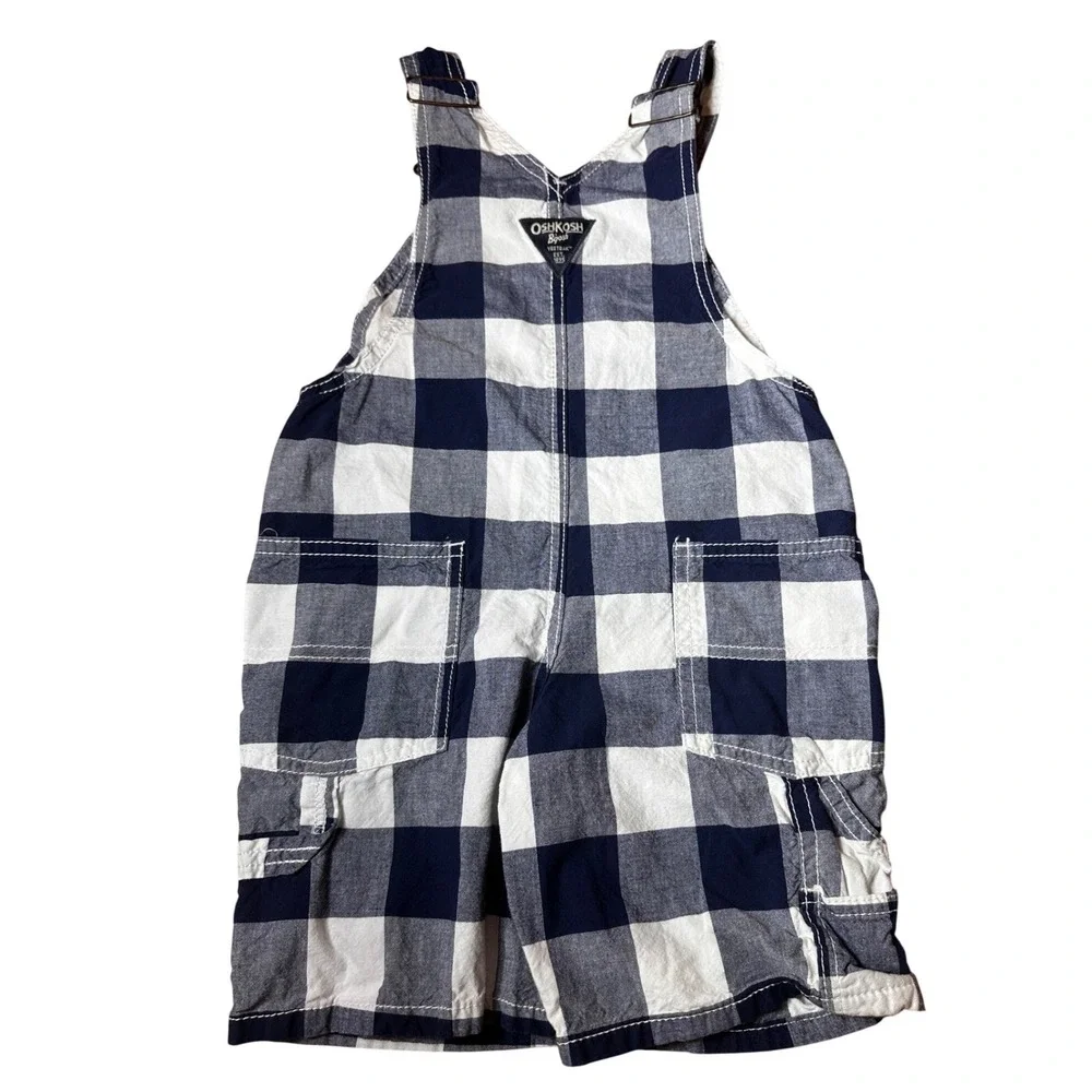 OshKosh B'gosh Overalls Toddler 4T Navy White Plaid Excellent Vestbak Shortalls